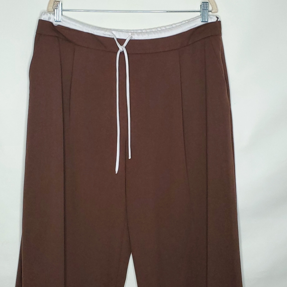 Zara Wide Leg Hi-Rise Pants Size XL Brown Satin Effect Waistband Trousers Casual - Picture 2 of 13